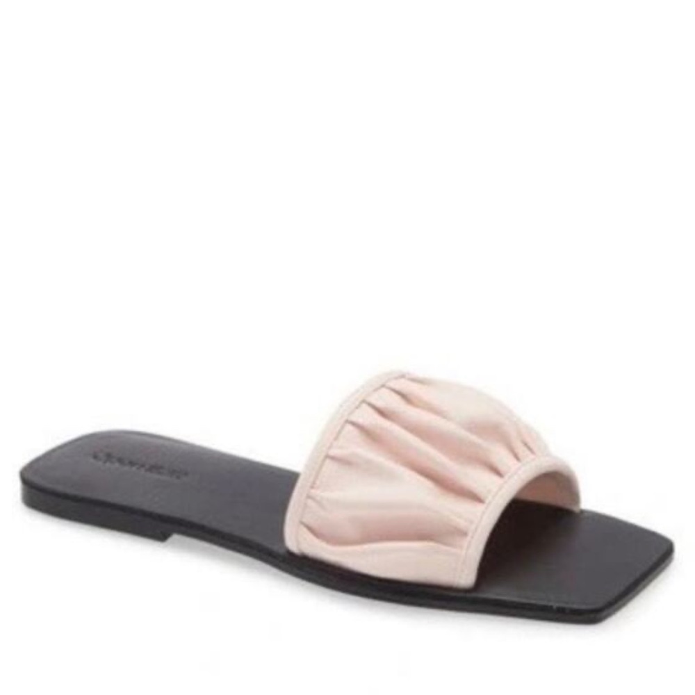 Open Edit | Women’s Pale Pink Ruched Brynn Square Toe Slide Sandals, size 7.5